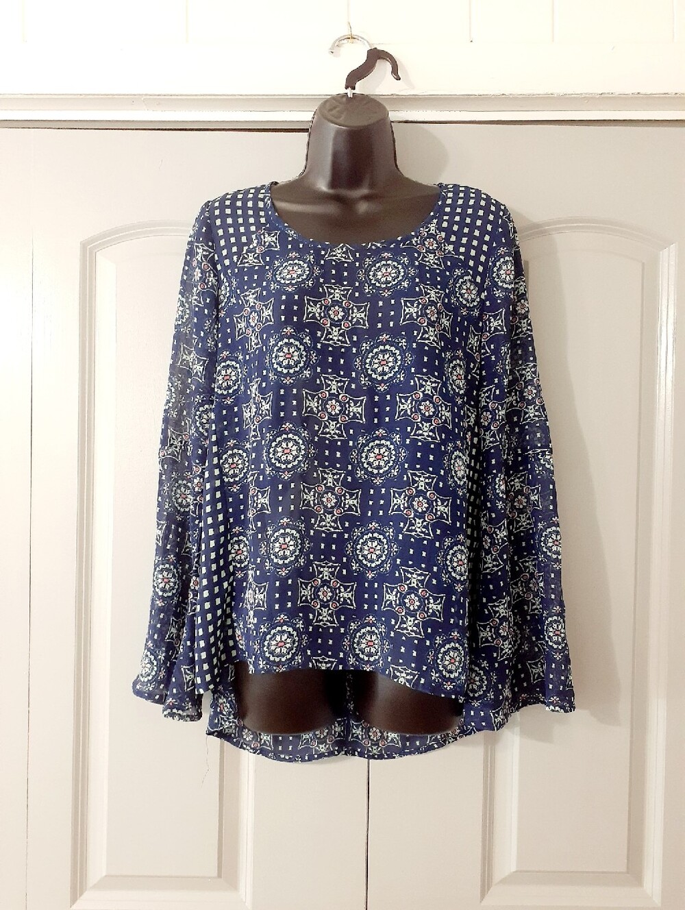 Red Camel Navy Sheer High Low blouse